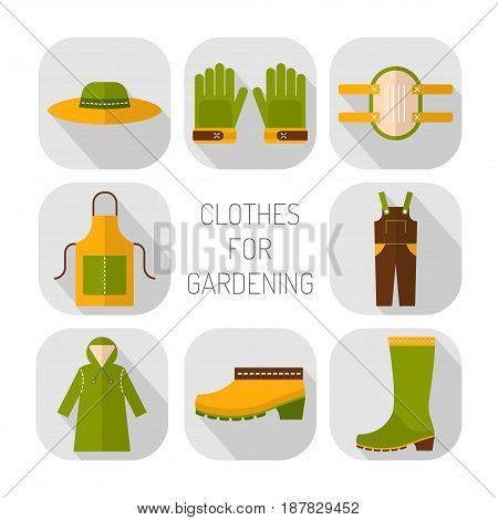Protective clothing for working in the garden. Flat icons, objects of work clothing.