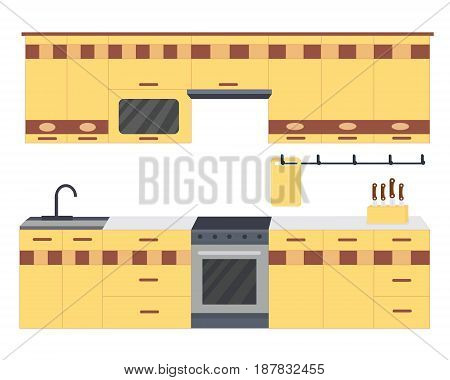 Modern interior and exterior of the kitchen unit in cream color with basic equipment and equipment. Modern vector illustration isolated on white background.