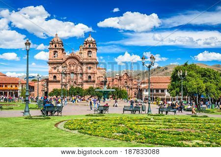 CUSCO PERU - 25 APRIL 2017: Cusco Peru - Plaza de Armas and Church of the Society of Jesus. Andes Mountains South America.