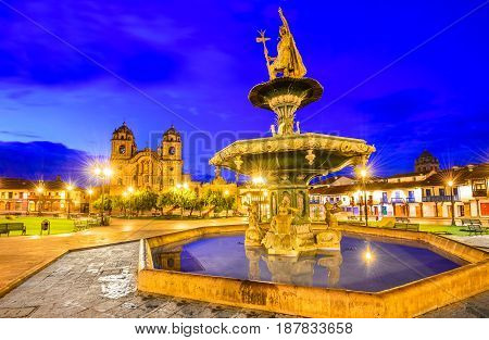Cusco Peru - Plaza de Armas and Church of the Society of Jesus. Andes Mountains South America.