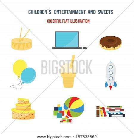 Children entertainment sweet. Set of sweets equipment and children's toys. Colorful flat illustration. Illustration isolated on a white background separately