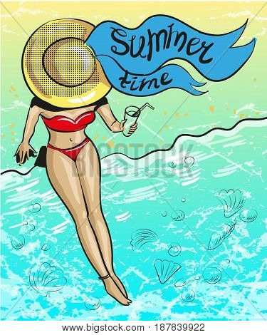 Vector illustration of woman in swimsuit and sun hat relaxing at the seaside. Beach holidays template in retro pop art comic style.