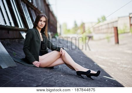 Sexy Model Girl Wit Long Legs At Black Lingerie Outfit Body Swimsuit Combidress And Jacket Posed At