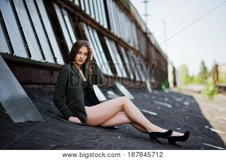 Sexy Model Girl Wit Long Legs At Black Lingerie Outfit Body Swimsuit Combidress And Jacket Posed At