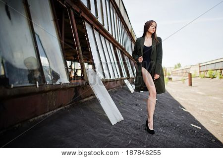 Sexy Model Girl Wit Long Legs At Black Lingerie Outfit Body Swimsuit Combidress And Jacket Posed At