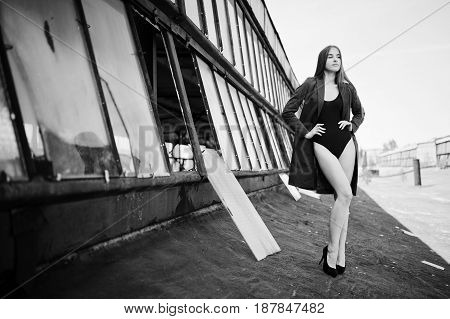 Sexy Model Girl Wit Long Legs At Black Lingerie Outfit Body Swimsuit Combidress And Jacket Posed At