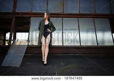 Sexy Model Girl Wit Long Legs At Black Lingerie Outfit Body Swimsuit Combidress And Jacket Posed At