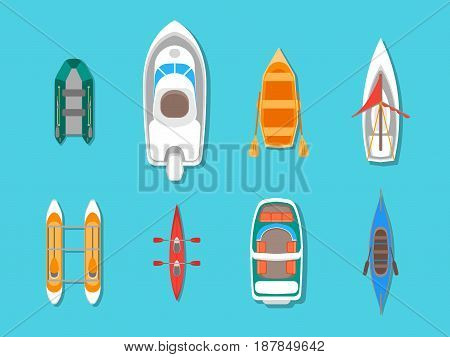 Cartoon Color Boats Icons Set Top View on Water Flat Style Design. Vector illustration