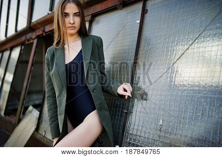 Sexy Model Girl Wit Long Legs At Black Lingerie Outfit Body Swimsuit Combidress And Jacket Posed At