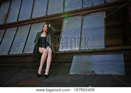 Sexy Model Girl Wit Long Legs At Black Lingerie Outfit Body Swimsuit Combidress And Jacket Posed At
