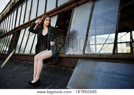 Sexy Model Girl Wit Long Legs At Black Lingerie Outfit Body Swimsuit Combidress And Jacket Posed At