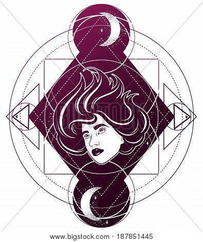 Vector hand drawn surreal illustration of woman face moon and stars. Tattoo artwork. Template for card poster banner print for t-shirt.