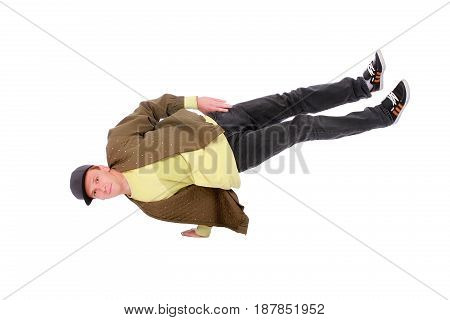 Hip-hop style dancer on hand freeze isolated on white background