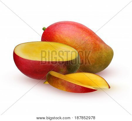 Isolated mango. Ripe mango is a fruit whole and half isolated on white background with shadows.