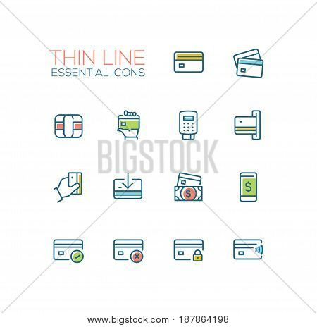 Finance - modern vector single thin line icons set. Credit card, microchip, hand, registrator, dollar bill, mobile device, check, denial, lock