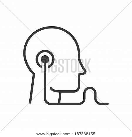 Audio education - modern vector single line icon. An image of a head with wired headphones. Representation of listening, technology, understanding, hearing, learning.