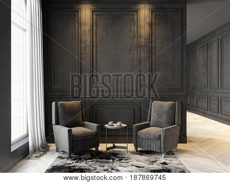 Armchairs and coffee table in classic black interior. 3D render interior mock up.