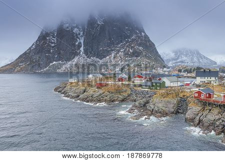 Traditional Norwegian Fishing Hut Village in Hamnoy During Early Spring Time in Lofoten Islands Norway.Horizontal Image Orientation