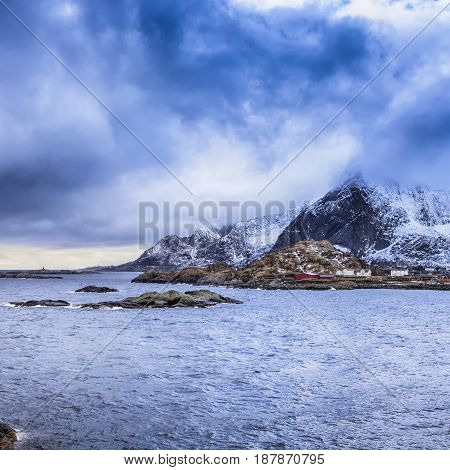 Norwegian Fishing Village Hamnoy Shot From Bridge in the Distance.Square Image Composition