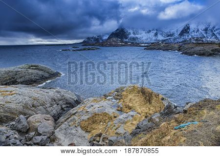 Travel Concept and Ideas. Lofoten Islands Scenery against Snowy Mountains. During Spring Time.Horizontal Image