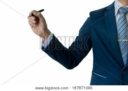 Businessman writing drawing on the screen blank transparent whiteboard with copy space isolated on white background