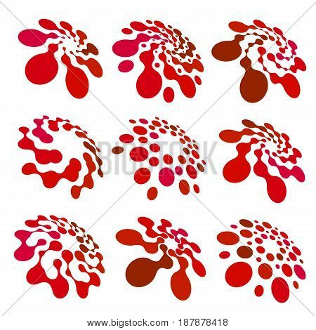 Abstract circle logotype set. Red dotted round isolated chem logo collection. Virus icon. Unusual sun. Flower symbol. Spiral sign.Vector germs illustration.