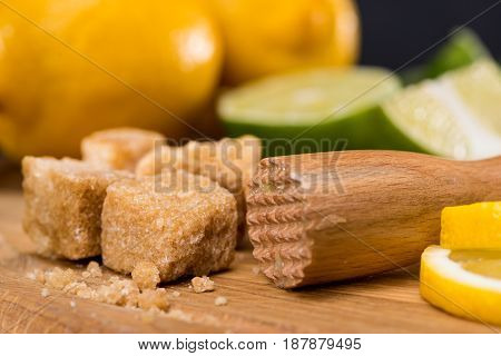 Close Up View Of Ingredients For Mojito Cocktail And Wooden Muddler, Cocktail Party Background Conce