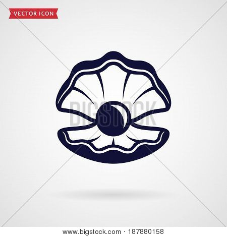 Pearl in the shell. Icon isolated on white background. Sea theme or jewelry concept. Vector symbol.