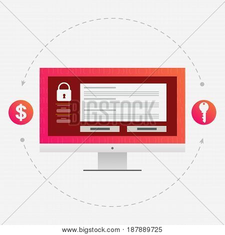 Virus encryptor message on pc screen. Money exchange for a key. Editable eps10 Vector. Transparent background.