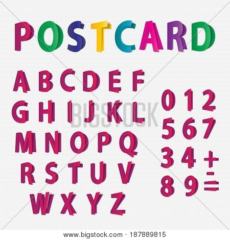 Colored letters of the alphabet and Numbers look like postcards. Editable eps10 Vector.