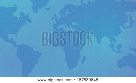 Cubic isometric pattern against the background of world continents world map. Dark blue background. Editable eps10 vector.