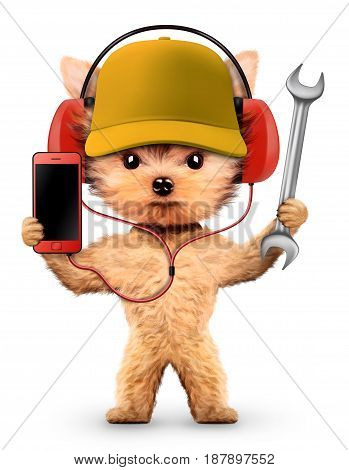 Funny dog in basebal cap with wrench isolated on white background. Constructor and handyman concept. 3D illustration with clipping path