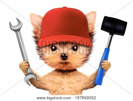 Funny dog with wrench and hammer isolated on white background. Constructor and handyman concept. 3D illustration