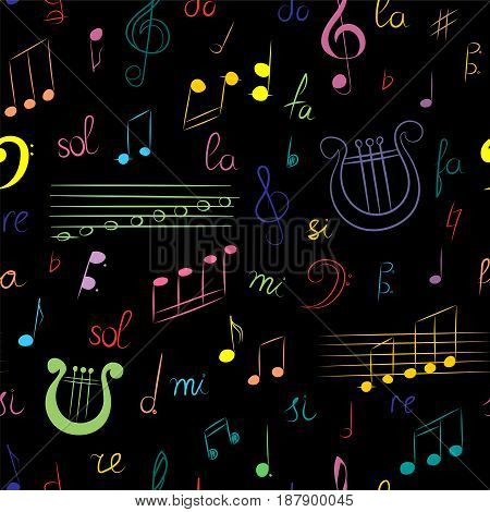 Seamless Pattern of Hand Drawn Set of Music Symbols. Colorful Doodle Treble Clef Bass Clef Notes and Lyre on Black. Sketch Style. Vector Illustration.