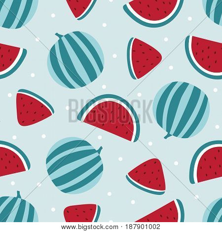 Watermelon seamless pattern isolated on blue background. Vector illustration