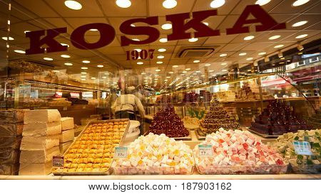 Istanbul, Turkey - 1 April, 2017: Different kinds of Turkish delight sweets at the Koska Market