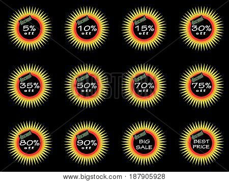 Discount tag with special offer sale stickers set. Promo tag discount offer layout. Sale label with advertise offer design template. Sticker sign price isolated modern graphic style illustration.