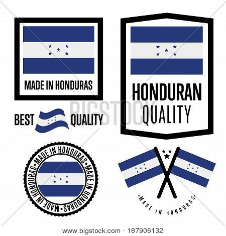 Honduras quality isolated label set for goods. Exporting stamp with honduran flag, nation manufacturer certificate element, country product vector emblem. Made in Honduras badge collection.