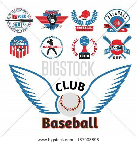 Baseball badge sport logo team identity vector illustration. Tournament competition graphic champion professional blue red color american player set. Collection logo athletic branding insignia.