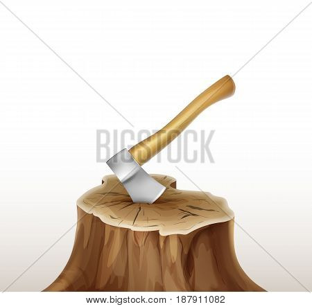 Vector iron axe with brown, ocher wooden handle in stump isolated on white background