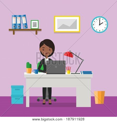 Flat woman sitting at desk. Workspace or home workplace with cartoon female character. Office interior and furniture. Animated people icon. Vector illustration.