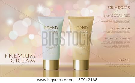 Delicate pink cosmetic ad. Beige white face cream mask tube reflection package mockup blurred defocused shiny background template art