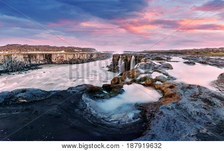 Famous Selfoss waterfall in evening time, Jokulsargljufur National Park, Iceland.