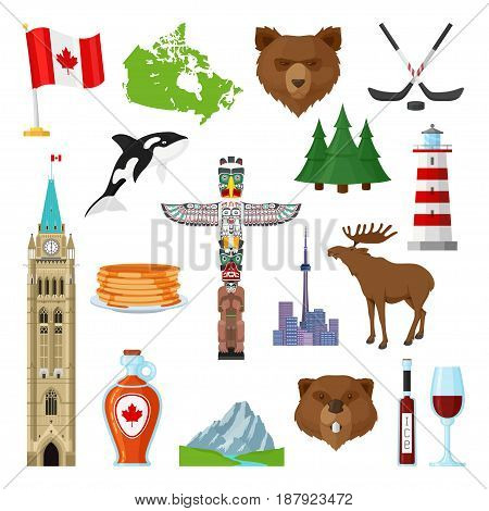 National symbols of Canada, official representation of the country and people, places, traditions and culture education. Vector flat style illustration isolated on white background