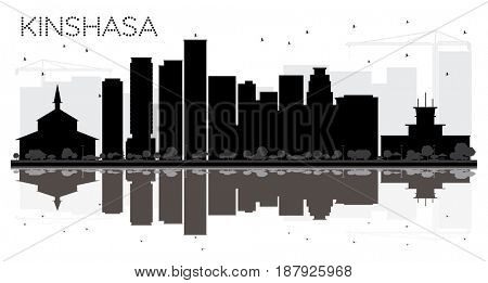 Kinshasa City skyline black and white silhouette with reflections. Simple flat concept for tourism presentation, banner, placard or web site. Cityscape with landmarks.