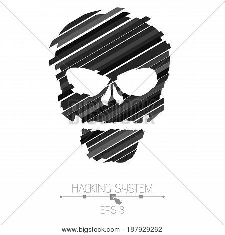 Hacking hacking system. Skull symbol on white background. The destroyed skull from the black strips. The effect of destruction. Abstract vector illustration. EPS 8