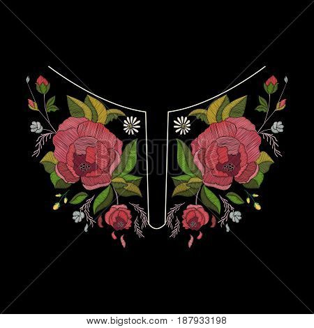 Vector embroidery neckline design for fashion. Flowers and leaves neck print. Chest embroidered embellishment. Floral pattern with roses and burgeons. Traditional folk ornament