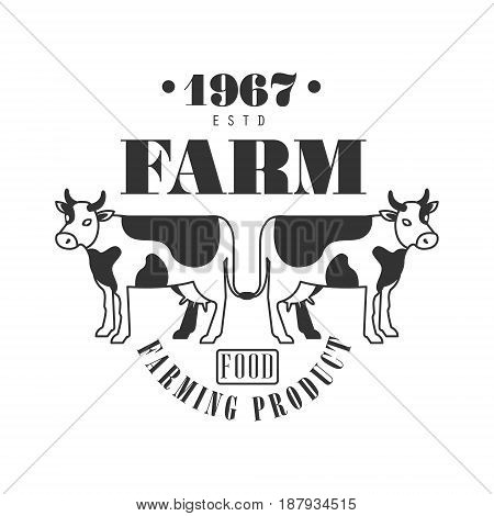 Farm food farming product estd 1967 logo. Black and white retro vector Illustration for organic products packaging, farms, shops, cafe, menu