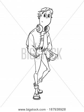 Skaterboy with a skateboard in arm, with hand in his pocket. Black outline isolated illustration on white background
