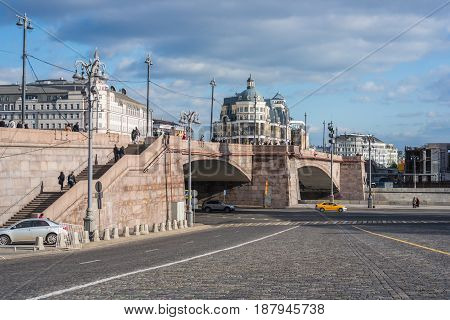 St. Basil's Descent Square and Bolshoy Moskvoretsky Bridge view in Moscow Russia